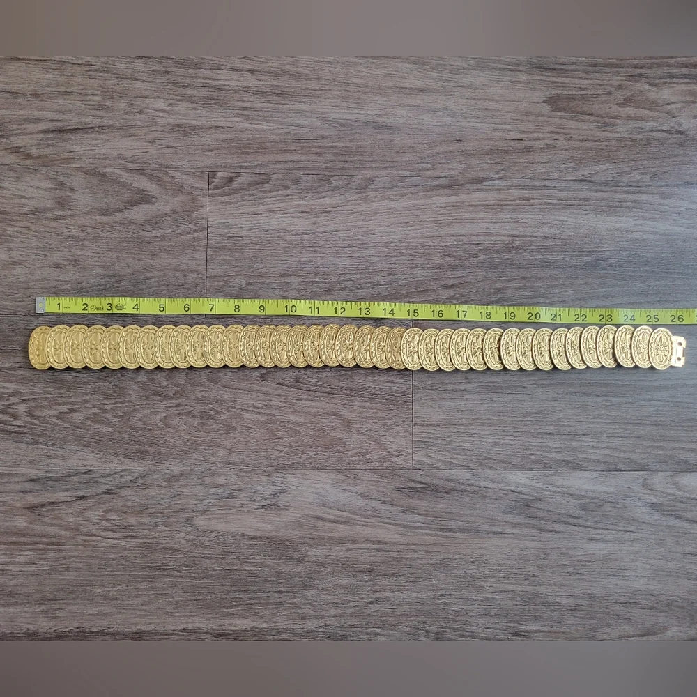Gold Tone Medallion Coin Stretchy Belt Eclectic Boho Hippie Floral Vintage 70s